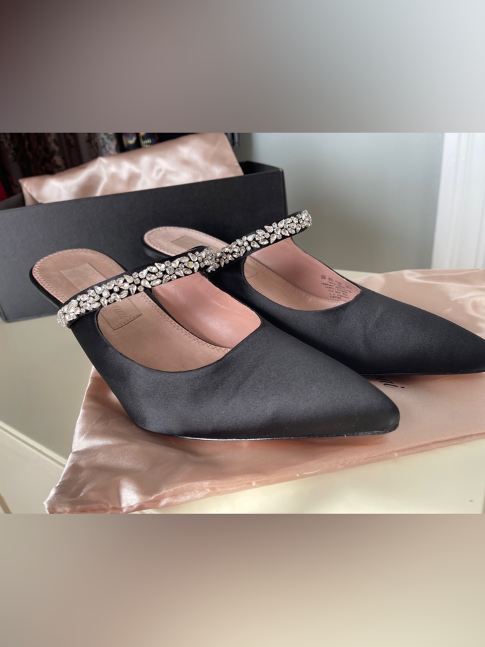 Pnina Tornai Black Satin Pointed Toe Flats with Crystal Strap - Picture 5 of 5